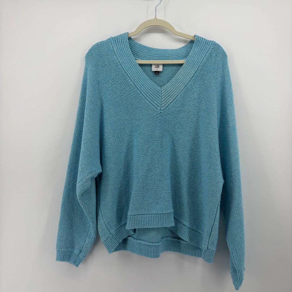 Cabi Womens Large Blue V-Neck Shaker Knit Oversized High-Low Sweater